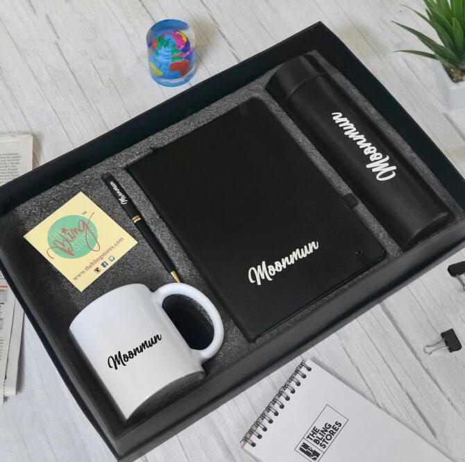Personalised/Customised 4 in 1 Corporate Gift Set which includes Diary, Mug, Metal Pen & Hot & Cold Water Bottle.